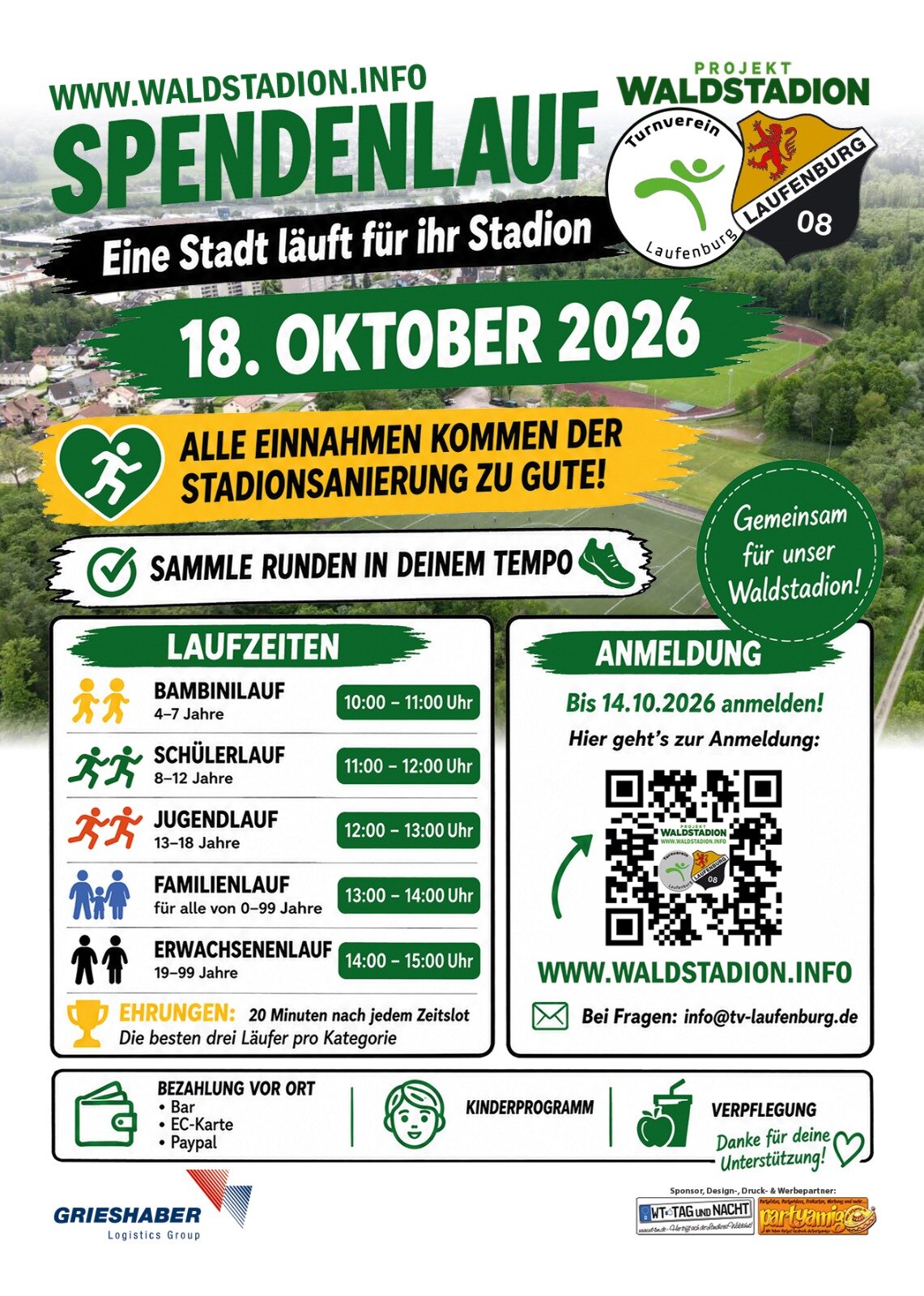 Spendenlauf-Flyer Vorderseite: Laufzeiten, Anmeldung bis 14.10.2026, Bezahlung vor Ort