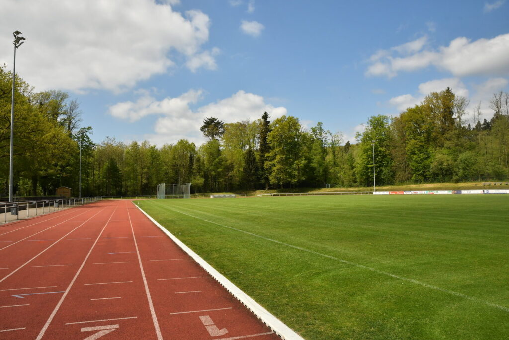 Naturrasen-Hauptspielfeld und rote 400-m-Laufbahn im Waldstadion Laufenburg
